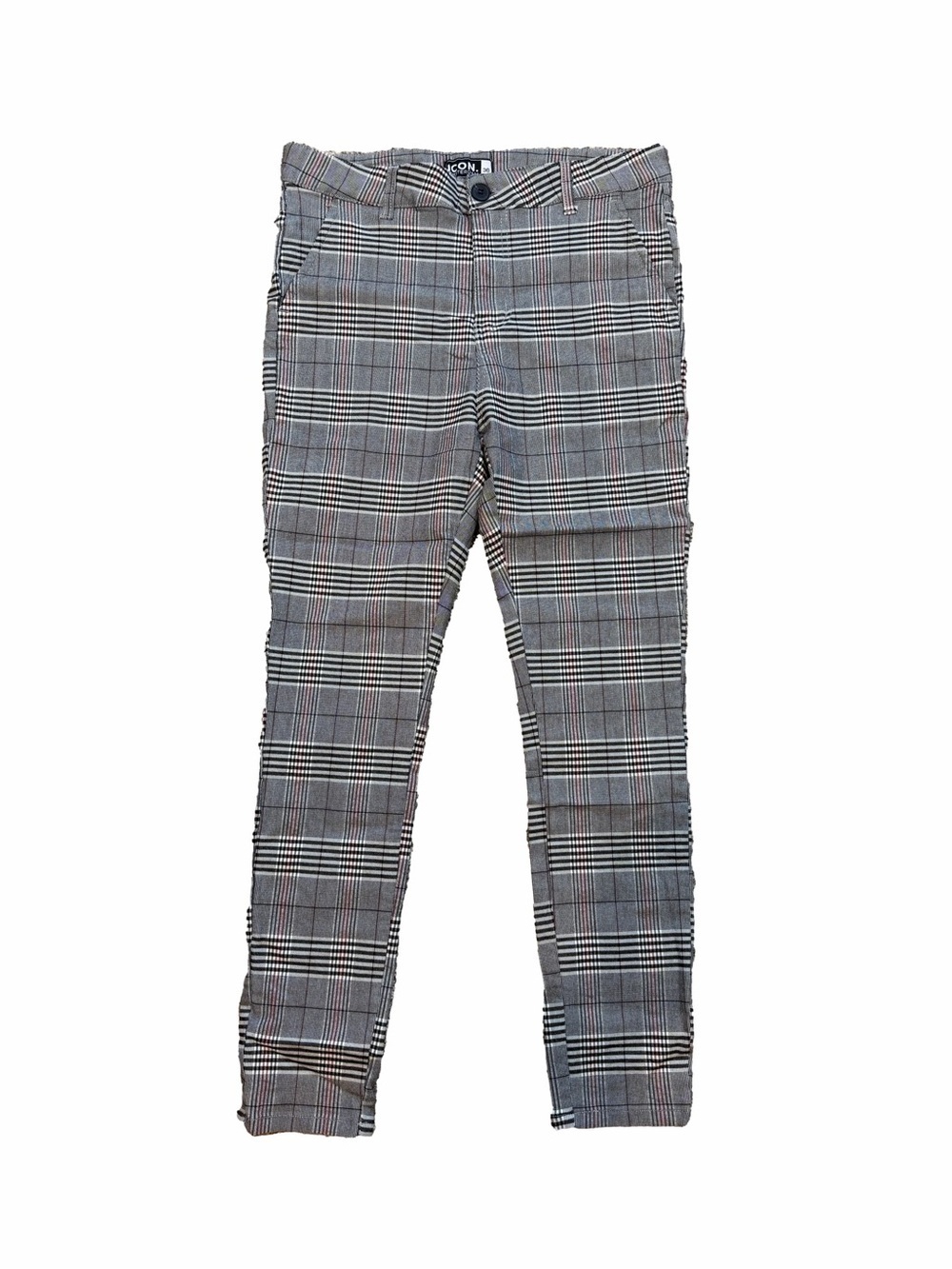 ICON Amsterdam Men's Gray Plaid Stretch Skinny Dress Trousers Size 36